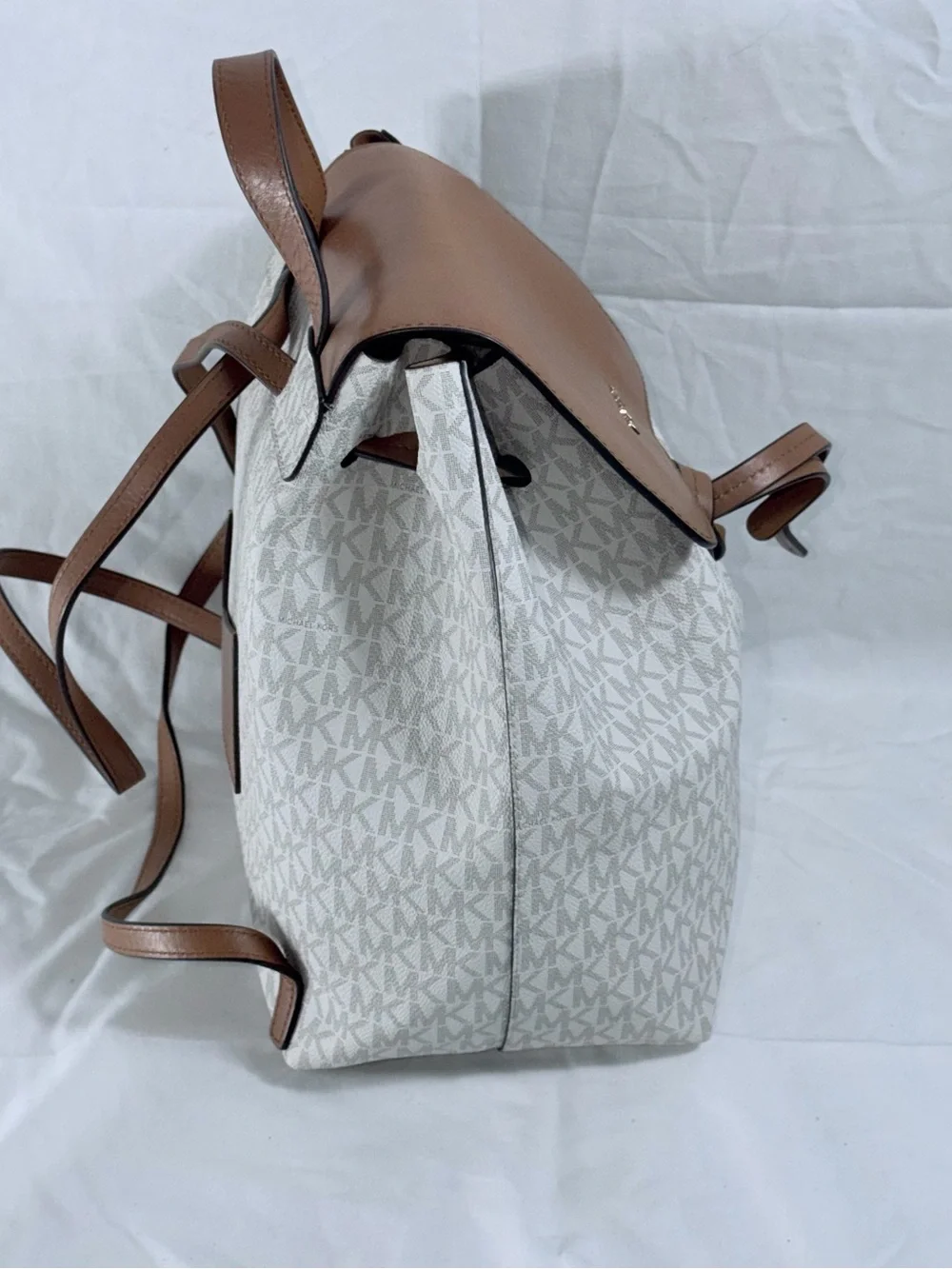 Michael Kors Junie Medium Vanilla MK Logo Drawstring Backpack Acorn Leather